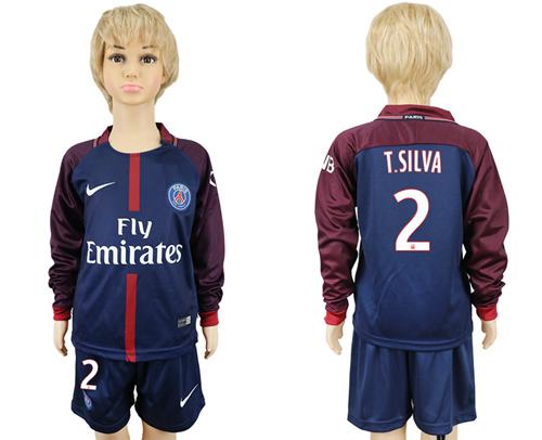 Paris Saint-Germain #2 T.Silva Home Long Sleeves Kid Soccer Club Jersey